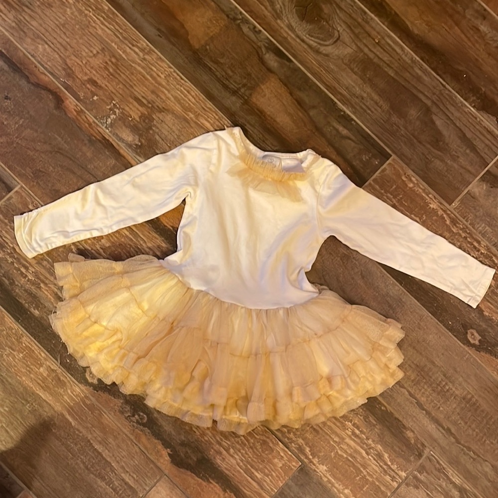 Gorgeous dress with gold tutu and a white long sleeve top